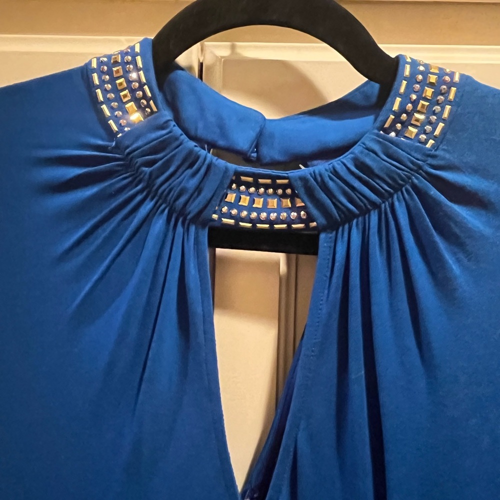 Cache Royal Blue Mini Dress with Gold Embellishments. NWT - Picture 3 of 7